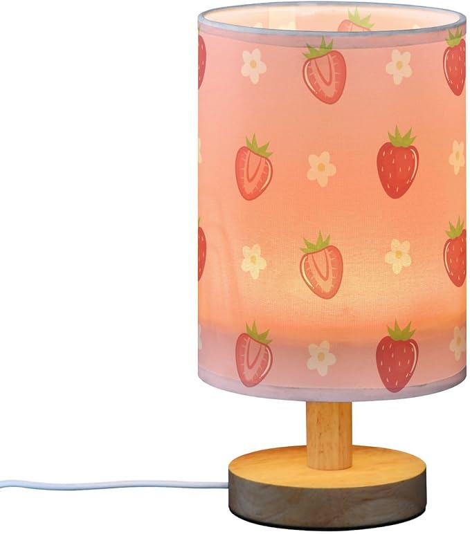 Bedside Table Lamp Cute Strawberry Florals Nightstand Lamp with Wood Fruits Flowers Pink Desk Lamps for Bedroom Living Room Nursery Office Home Decor