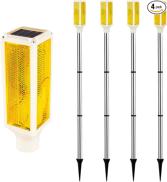 Aolyty Solar Lights Outdoor, Waterproof Driveway Markers Reflective, Warning Flash Light with 2 Lighting Modes, LED Solar Light 4 Pack for Parking Lots, Yard, Sidewalk, Stop Sign, 30 Inches (Yellow)
