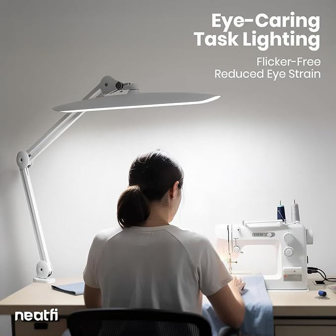 Neatfi XL LED Desk Lamp with Clamp, 2200 Lumens, 24W, 20-Inch Wide Head, Dimmable 4 Brightness Levels, Task Light for Home Office, Crafts, Workbench (Non-CCT, White)