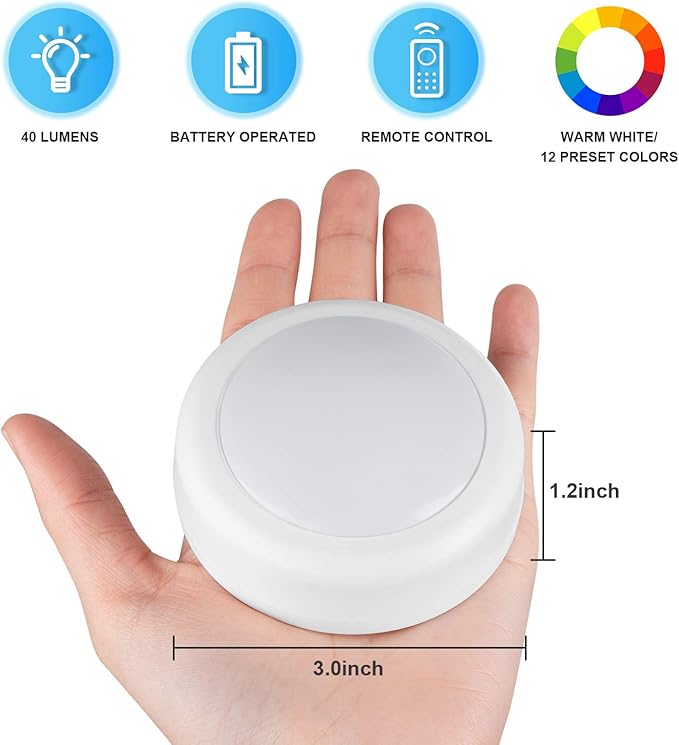 BLS LED Puck Lights with Remote Control, Wireless Under Cabinet & Closet Lighting, RGB 13 Color Changing Lights with Dimmer, Timer & AA Battery Operated, Push, Touch, Stick on for Night, White, 2 Pack