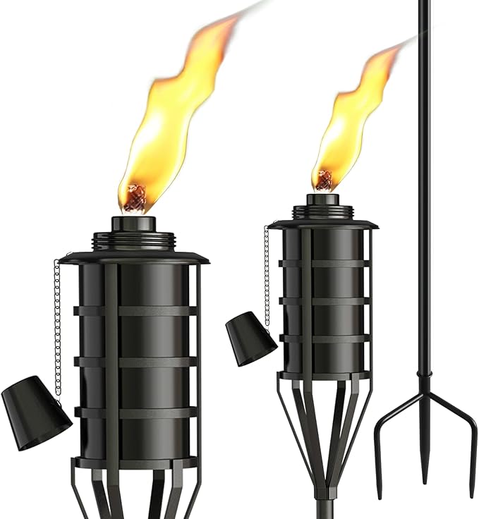 Upgraded Citronella Garden Torch Set of 2, Large Capacity 16oz Metal Torch for Outside, 59.5 Inch Black Home Torches with 3-Prong Grounded Stake,Metal Flame Torch Light for Party Patio Pathway