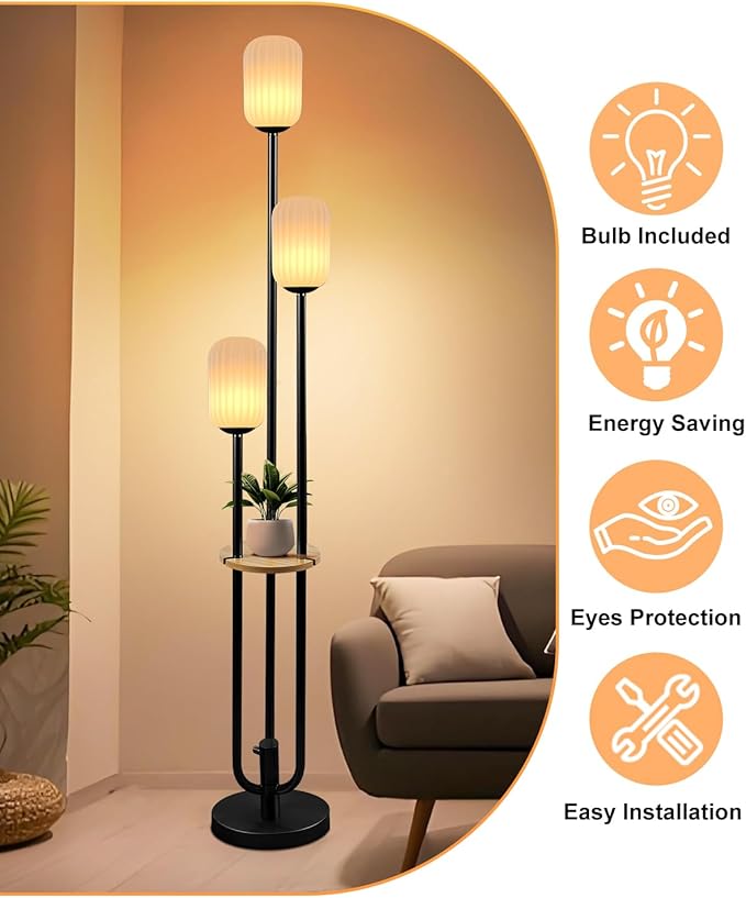 Black Dimmable Floor Lamp with Table, Modern Floor Lamps with Oval Striped Lampshade 3000K Soft Warm White 3-Lights Candle Holder Style Tall Lamp for Living Room/Bedroom