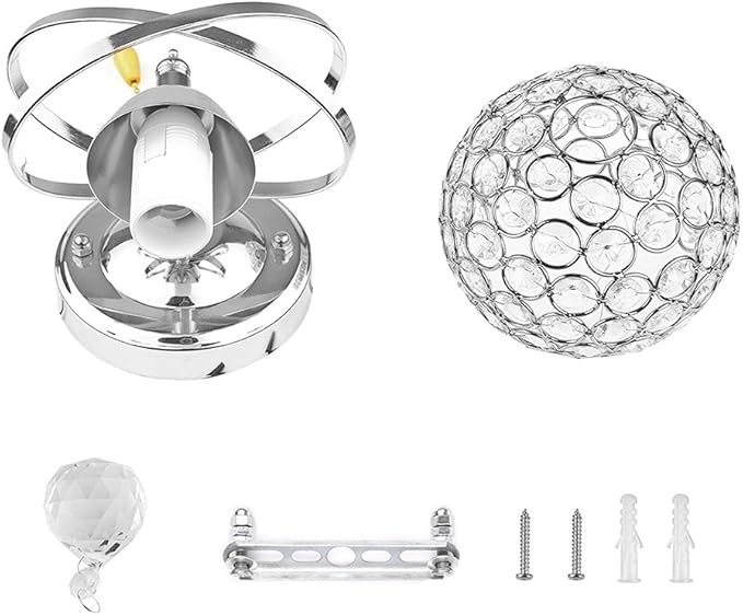 Modern Crystal Wall Light Pendent Lamp Chrome Finish Bedroom Sconce Lighting Fixture with Pull Cord Switch, E14 Socket (Spherical)