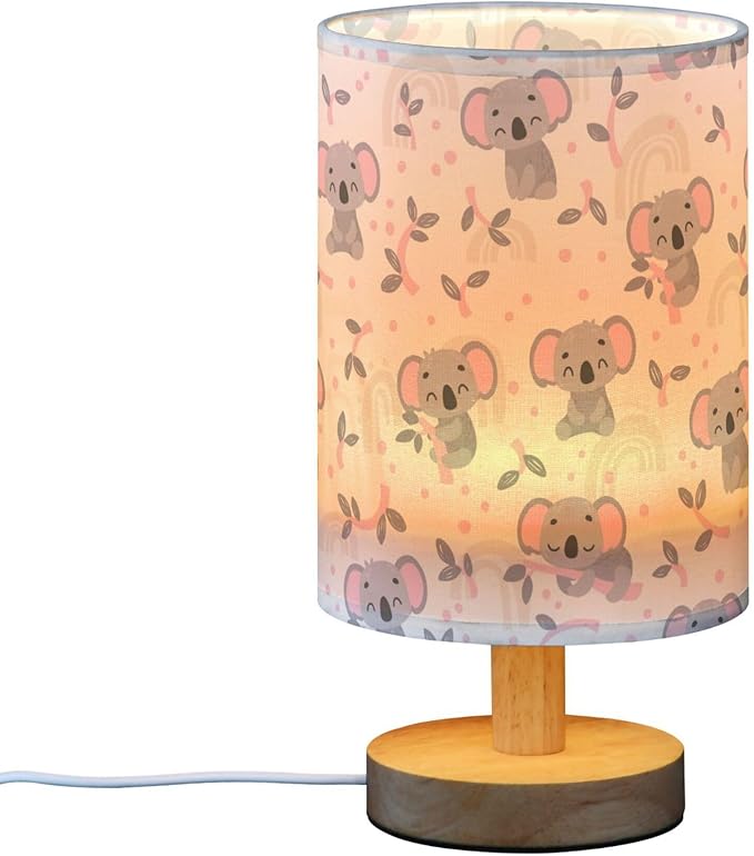 Table Lamp Cute Koala Eucalyptus Branch Scandinavian Pattern Nightstand Lamp with Wood Base Fabric Lamp Shade Bedside Desk Lamp for Living Room Bedroom Kids Room Office