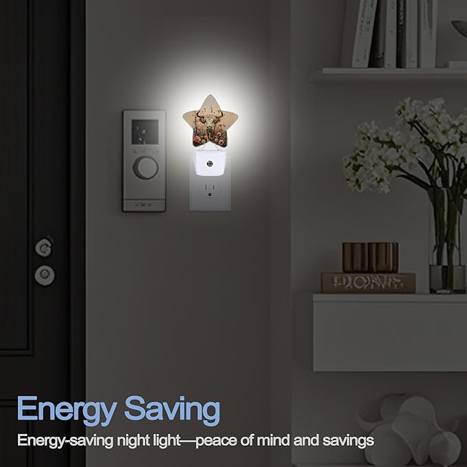 Highland Cow Night Light,Vintage Wildflowers Plug-in Star Night Lights with Dusk-to-Dawn Sensor for Bedroom,Bathroom,Living Room Sleep Friendly Lamp for Women Girls Boys Gift,0.5W