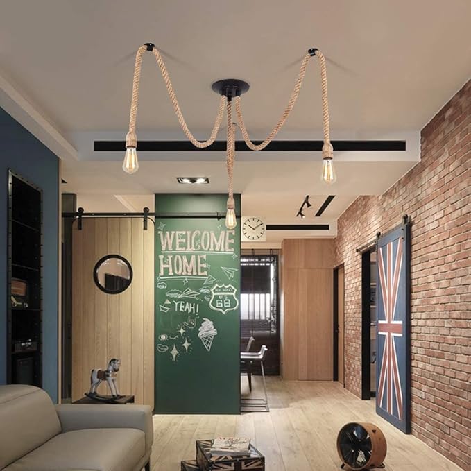 Hemp Rope Pendant Light,Industrial Ceiling Spider Lamps,Retro Pendant Lights Fixture,Adjustable DIY E26 Chandelier Lighting,Hemp Rope Hanging Light for Coffee Shop Dining Room