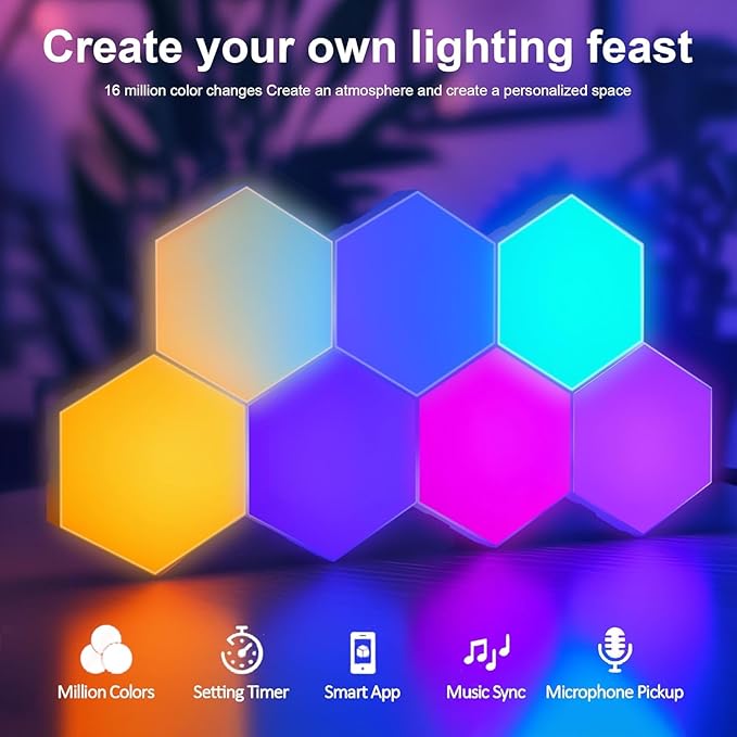 Amailtom Hexagon Light Panels Expansion 4 LED Panels, Hexagon LED Wall Lights Dreamcolor Effects, Smart Gaming Lights Music Sync for Gaming Room Setup (No Controller/Remote)
