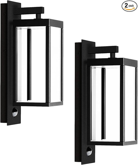 Motion Sensor Outdoor Wall Lantern 2 Pack Black Modern LED Exterior Light Fixture with Clear Glass for House Garage IP54 Waterproof 750LM