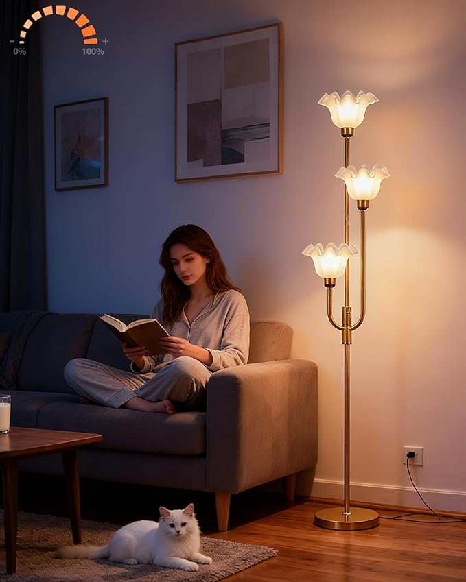 Lightdot 66IN Flower Floor Lamp 3-Lights Vintage Floor Lamps with 3000K Bulbs Included for Wedding Party Modern Dimmable Gold Tall Standing Lamp for Living Room/Bedroom/Sofa Beside/Corner Decor