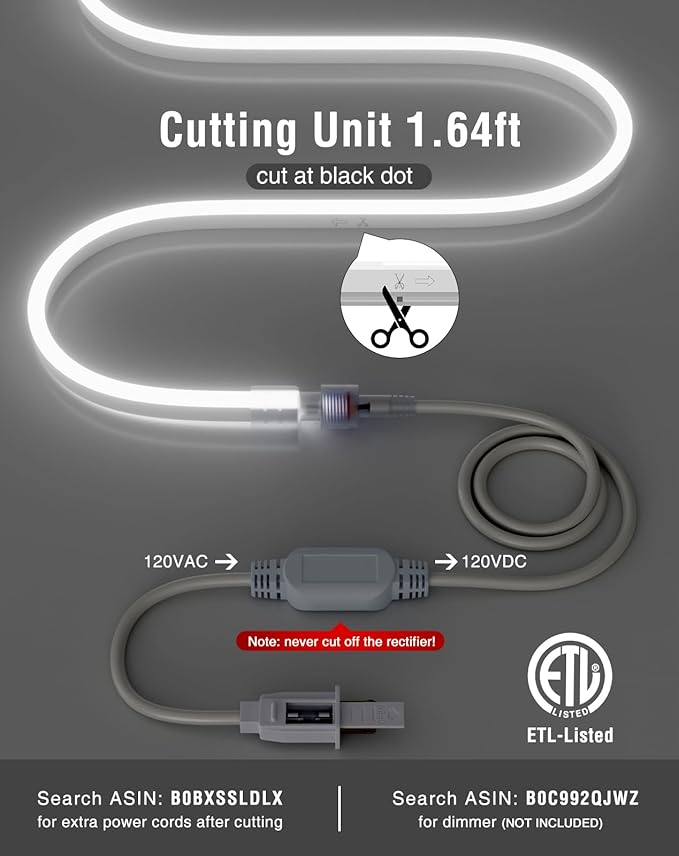 Shine Decor LED Neon Rope Lights AC 120V, Expandable & Cuttable 120LEDs/M Bright Strip Lighting, ETL Cold-Resistant & IP65 Waterproof for Indoor Outdoor, 8x16mm, 6300K Cool White, 16.4ft