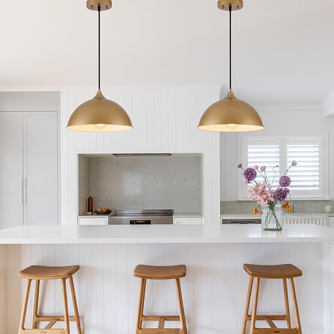 Pendant Lights Kitchen Island, 12" Gold and White Dome Pendant Light Vintage Industrial Hanging Light Fixtures for Dining Room Restaurant Cafe Entryway