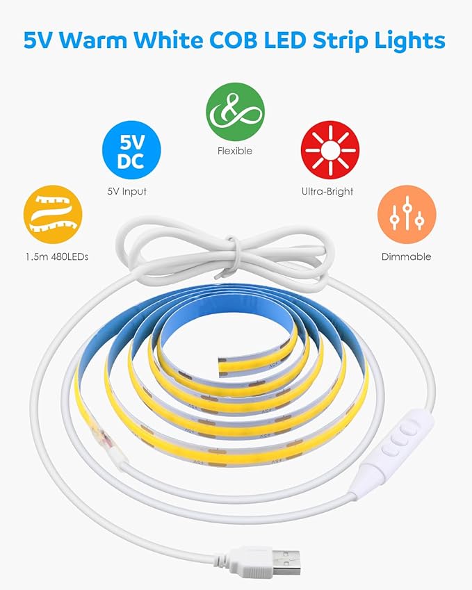 Aclorol 5V USB COB LED Strip Light 4.92FT 480LEDs Flexible TV Backlights Warm White 3000K Dimmable LED Light Strip with Self-Adhesive for Bedroom Closet Under Cabinet Monitor Desk Home Decor 8mm Width