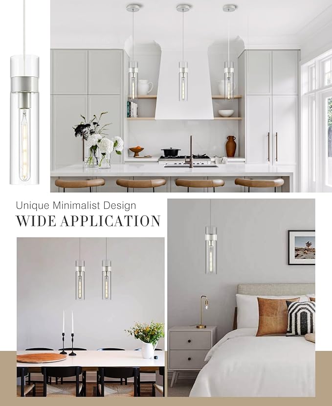2 Pack Pendant Lights Kitchen Island (Bulbs Included), Brushed Nickel Adjustable Modern Glass Pendant Light Over Island, Industrial Pendant Light Fixtures for Dining Room Hallway Bedroom Living Room