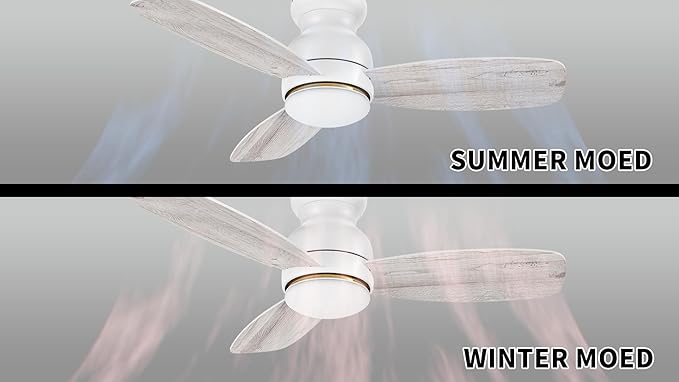 CEME 44 Inches White Ceiling Fan with Light Flush Mount, DC 10 Speeds Silent Ceiling Fan with Remote, 3 Dual Finish Blades, 3 Light Colors Dimmable LED for Living Room, Bedroom
