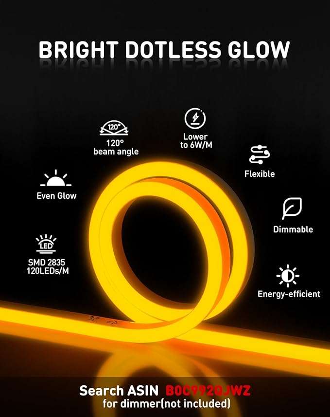 Shine Decor LED Rope Lights AC 120V, Connectable & Cuttable Dotless 120LEDs/M Eco Neon Strip Lighting, ETL IP65 Waterproof & Weather-Resistant for Home Commercial, 8x16mm, Gold, 50FT