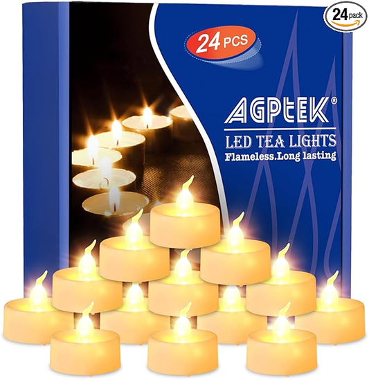 AGPTEK Timer Flickering Tea Lights,24 Pack Flickering LED Candles with Timer Battery-Operated Flameless Tealight Candles for Wedding Holiday Party Home Decoration-Warm White