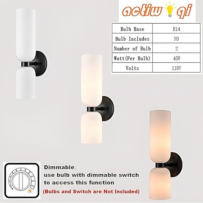 Modern Wall Light Black Wall Sconces Set of Two 2-Light Modern Wall Light Matt Black lamp Body Bathroom Vanity Milky White Glass Light Shade for Bathroom Living Room (Black)