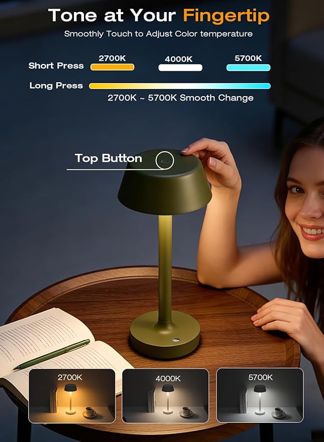 Cordless Rechargeable Table Lamp with Power Charger,Portable LED Desk Lamp,5000mAh Battery Operated,2700K-5700K Tunable,Stepless Dimming for Bedroom Bedside Touch Night Light,Green