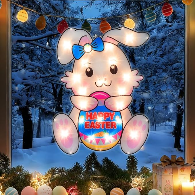 17" 20LED Lighted Bunny Easter Decor - UL Certified, Soft Warm Glow, Window & Hanging Accent, Compact Holiday Ornament, Pretty Gift Box Packed