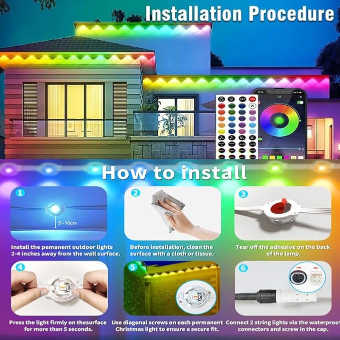 Permanent Outdoor Lights,300ft RGB + IC Smart LED Eaves Lights with App & Remote Control, IP67 Waterproof,for Christmas and All Holiday Decor,Daily and Accent Lighting,House Roof and Garden Lighting