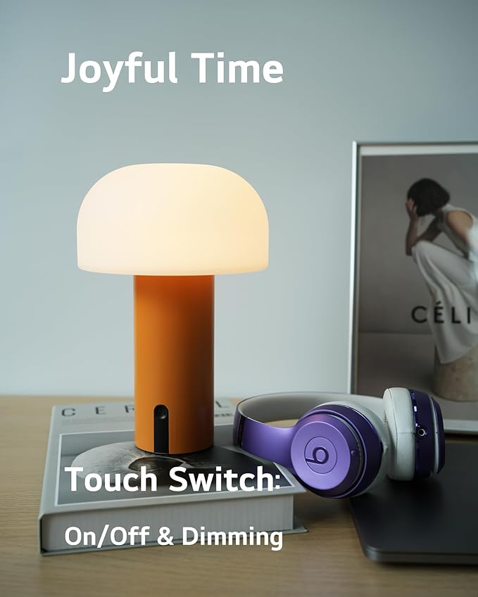 Outdoor Mushroom Table Lamp Rechargeable, Cordless Lamps for Patio Waterproof, Portable Battery Operated Lamp with USB Charging, Touch Dimming Night Light for Home/Porch/Restaurant (Orange)