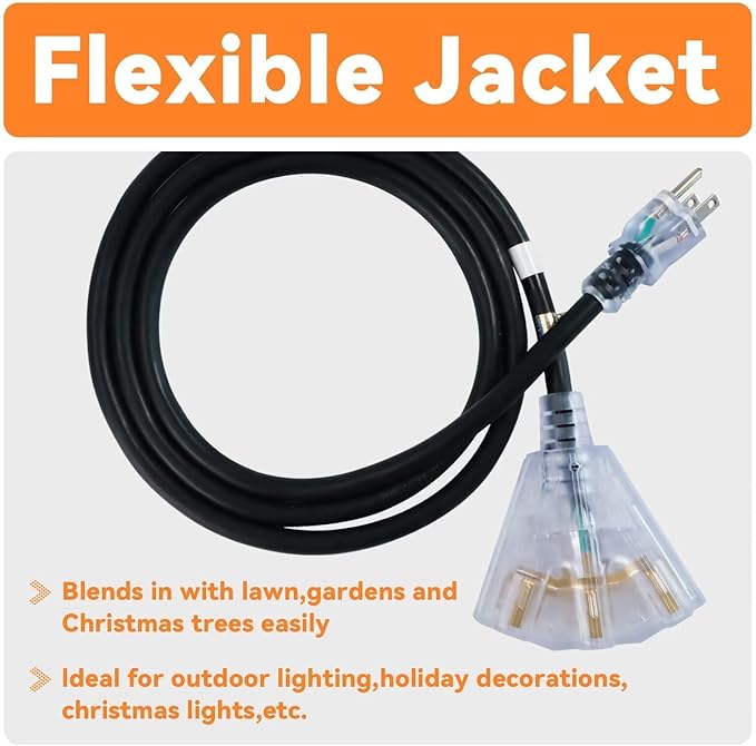 EP 15 Ft 12 Gauge Heavy Duty Extension Cord, 15A 125V 1875W, 3 Outlet Indoor/Outdoor Power Cord with Lighted End, 12/3 SJTW Weatherproof Black