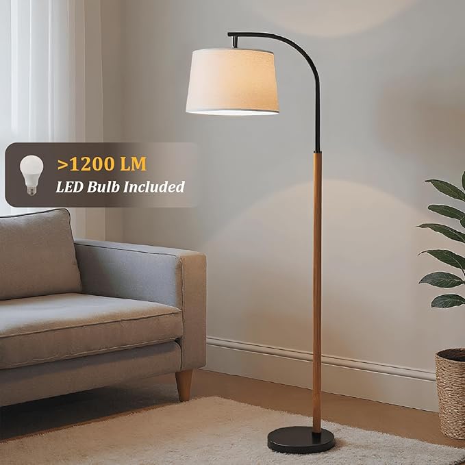 65” Brown Black Arc Floor Lamp for Living Room, 1200 Lumens 3-Level Brightness Mid Century Modern Floor Lamp for Bedroom, Wood Arc Standing Tall Lamp, Adjustable Lampshade, LED Bulb Included