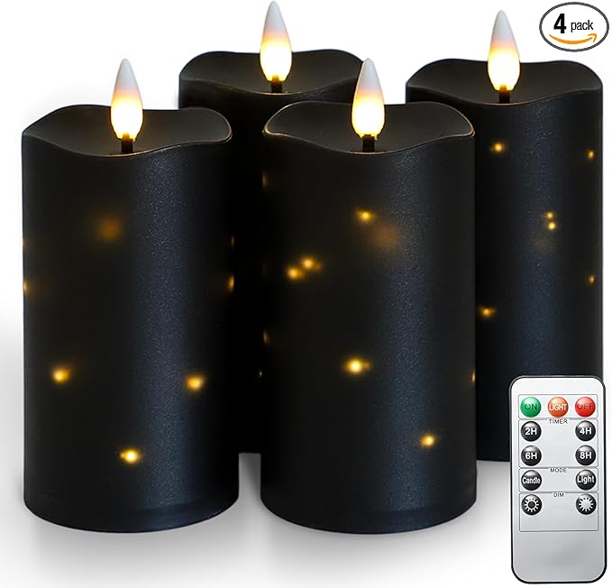 Lezonic Black Flameless Waterproof Outdoor Candles with Remote, 4Pcs Battery Operated Candles LED Flickering Dancing Flame, Built-in String Lights for Halloween Patio Room Decor, 3.25" x 6"