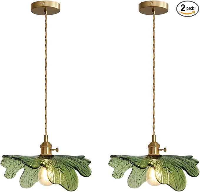 Modern Pendant Lights 2 Pack Green Glass Pendant Lighting Kitchen Island Hand Blown 1-Light Brass Pendant Light Farmhouse Hanging Light fixtures with Glass Shade for Dining Room Bedroom