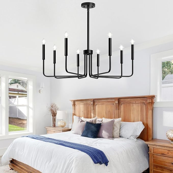 Lynnoland Black 8-Light Chandelier, Farmhouse Chandelier for Dining Room Lighting Fixtures Hanging, Vintage Candle Pendant Light Fixtures Chandelier for Bedroom, Foyer and Living Room