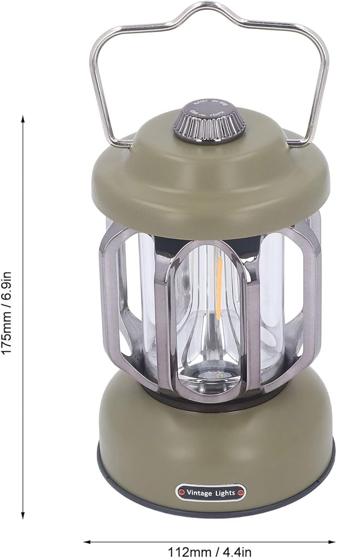 Retro Camping Lantern, Rechargeable LED Tent Lamp with 3 Light Modes, Dimmable Vintage Camping Light with Hook, USB Type C Portable Lantern for Garden Outdoor (Green)