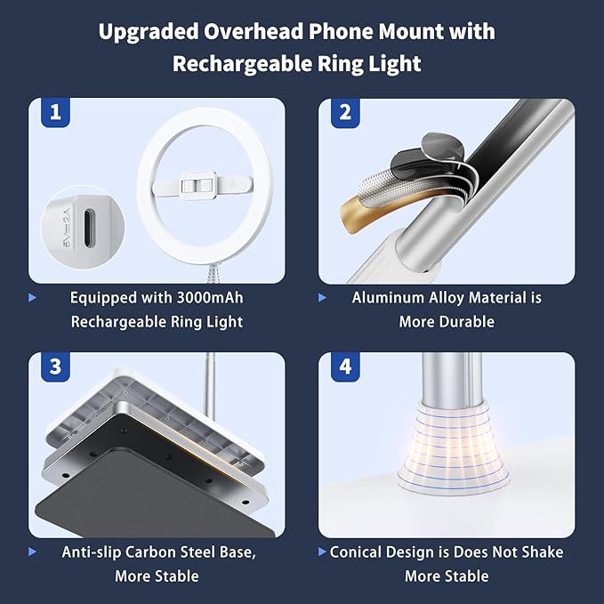 yAyusi 68.5" Overhead Phone Mount with Ring Light for iPhone, 3000mAh 360° Rotation Foldable Rechargeable Ring Light Phone Holder for Video Recording, Photography, Live Streaming, TikTok, YouTube