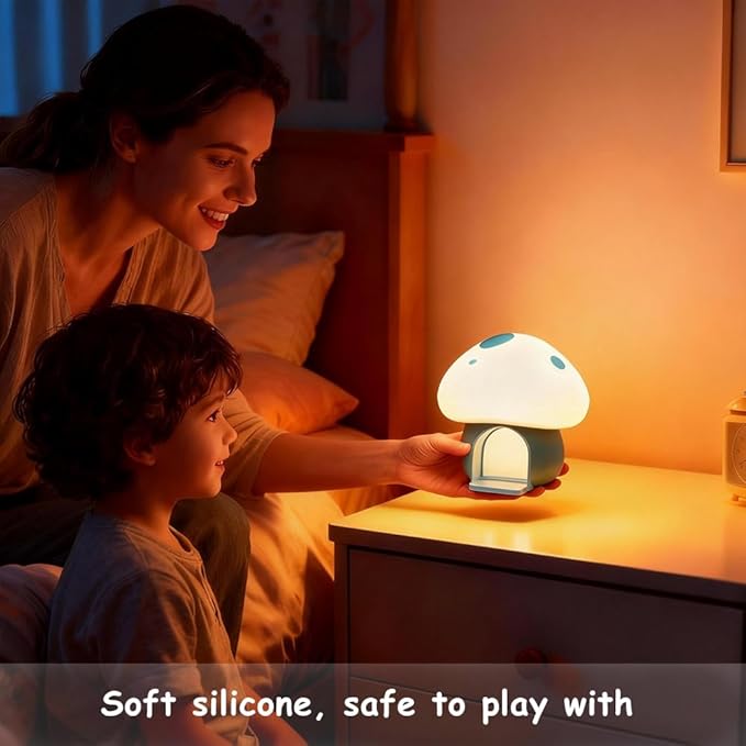 Kids Night Light, Kawaii Bunny Mushroom House Silicone Night Light with Tap Control, 3-Step Dimmable, 30/60 Min Auto-Off Timer, Rechargeable Bedside Nursery Lamp (Blue)