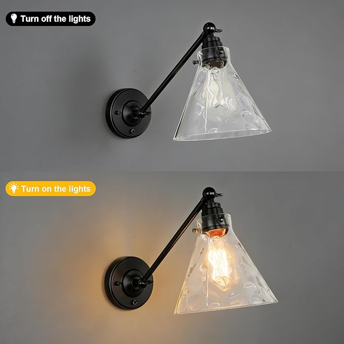 Industrial Vintage Slope Pole Wall Mount Single Sconce with Funnel Flared Clear Glass Shade, Swing Arm Wall Sconce Light Lamp Fixture Hardwired