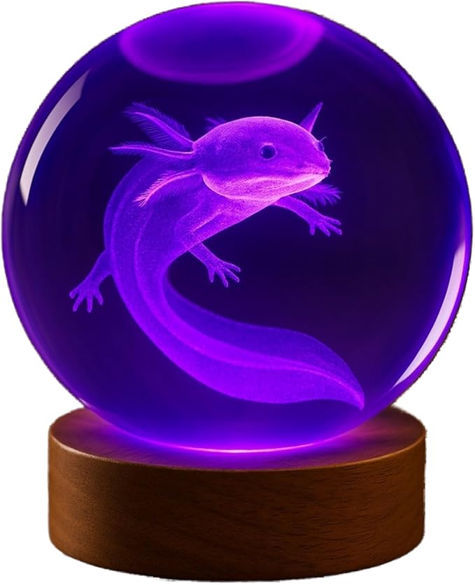 3D Axolotl Crystal Ball 3.15" with LED Lamp Colorful Wooden Base Night Light with Removable Glow Ball Color Changing Light with Remote as a crystal ball for Boy Friends (5-Axolotl, 3.15" (Inch))