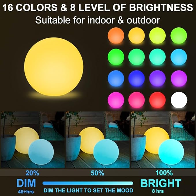 Globe Floor Lamp, 14-in Rechargeable LED Ball Light Globe Light w/Remote, Versatile Glowing Orb Mood Lamps Waterproof Outdoor Orb Lamp, Dimmable RGB Color Changing Light Up Ball for Home Garden Yard