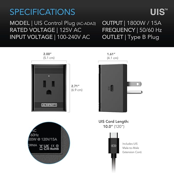 AC Infinity UIS Control Plug, Outlet Adapter to Connect UIS Smart Controllers to Outlet Devices
