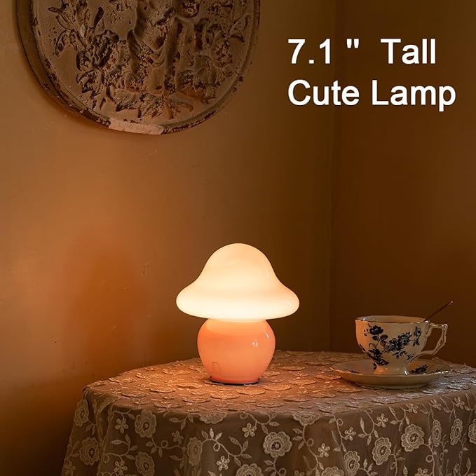 Mushroom Lamp Pink Glass Mushroom Table Lamp for Bedrooms, Living Room, Aesthetic Lamps for Bedroom, Cute Bedside Lamp