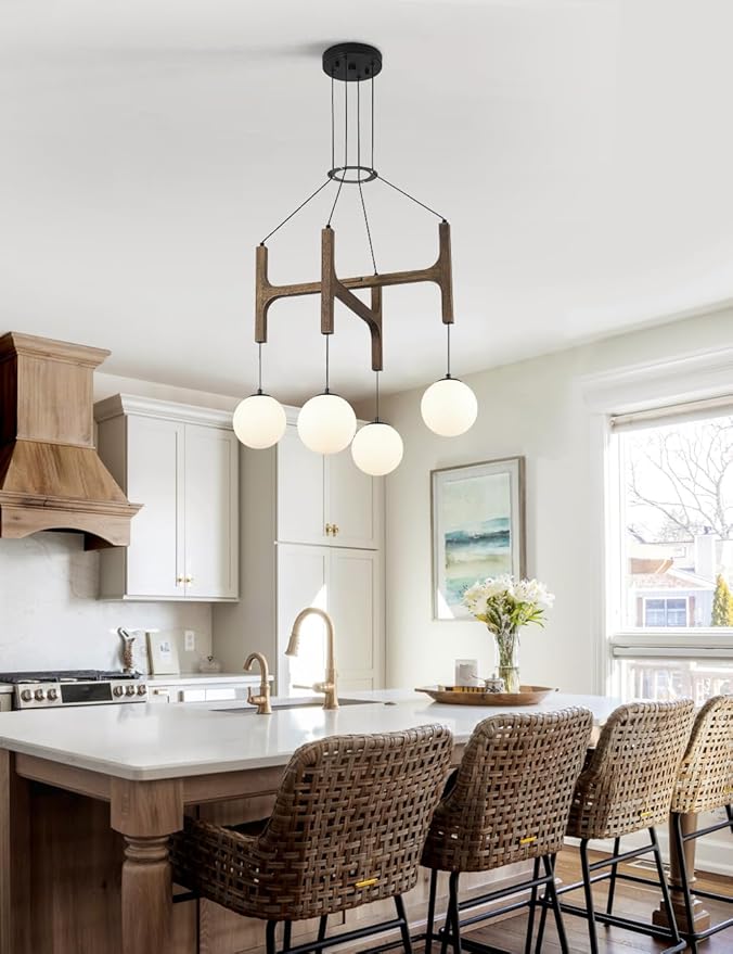 Vintage Milk Glass Pendant Light, Mid Century Wood Chandelier with Rustic Farmhouse Design, 4-Light Hanging Fixture for Kitchen Island, Dining Room, Bedroom Stairwell