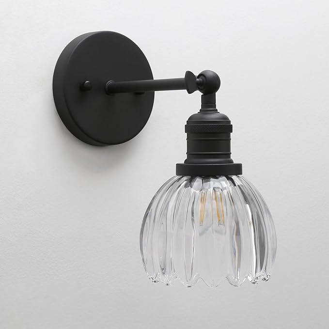 Pathson Adjustable Wall Sconce Lamp with Tulip Thick Glass, Hardwired Bathroom Sconce Matte Black Wall Vanity Light Fixture for Living Room Farmhouse Bedside Lighting
