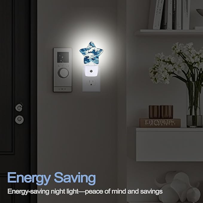 Japanese Sea Waves Nightlight,The Great Wave Star Night Lights Plug into Wall Decorations for Bedroom Bathroom,Dusk to Dawn Sensor Kitchen Hallway Stairs Energy Efficient Desk Lamp