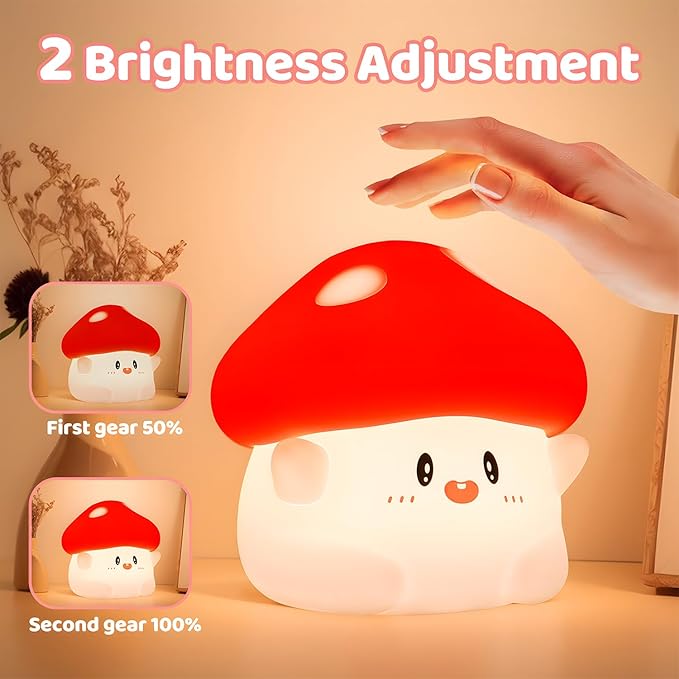 Mushroom Night Light, Squishy Silicone Lamp - Tap Control 2 Brightness, 50H Battery & Auto Timer, Cute Easter Gifts for Kids, Bedside Nursery Desk Mushroom Decor