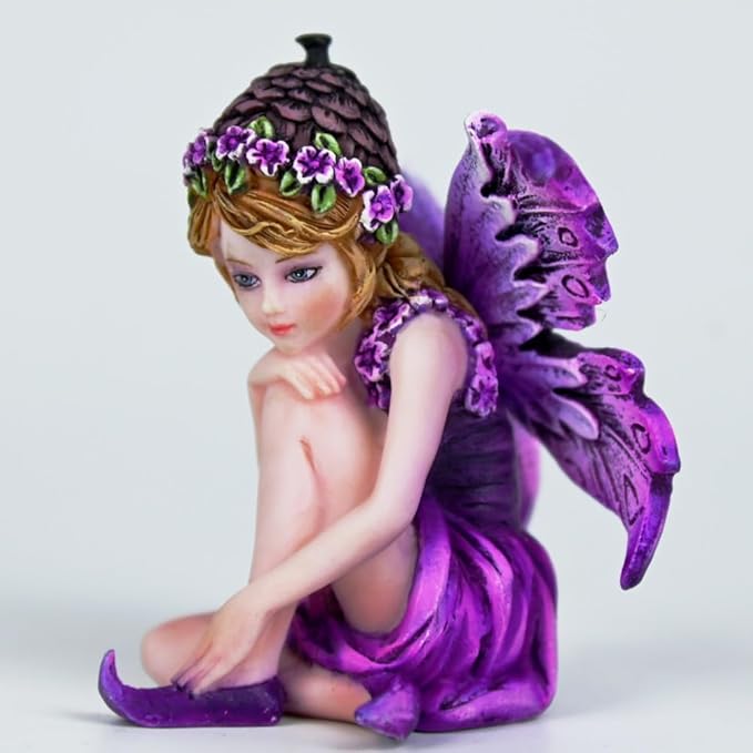 Fantasy Pinecone Hat Purple Flower Fairy Figurine, 8cm Purple Wings Elf Statue, Hand-Painted Resin Decor for Mini Fairy Garden, Desk & Plant Pot
