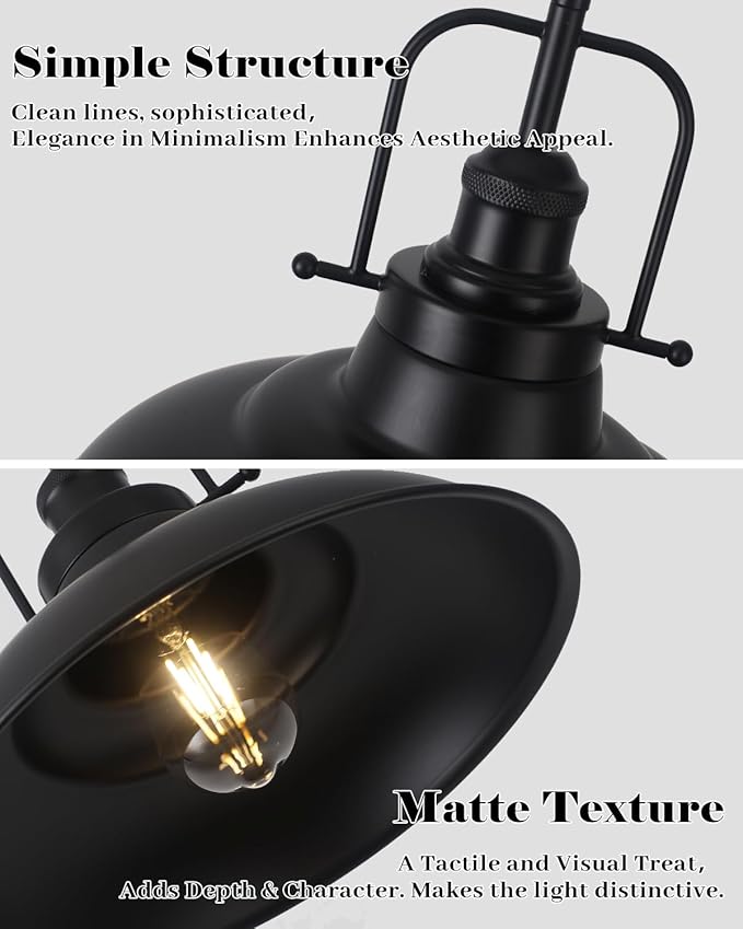 Industrial Pendant Lights 3 Packs, 12.2 Inch Black Pendant Lights Kitchen Island, Metal Pendant Lighting, Vintage Farmhouse Pendant Light for Kitchen, Living Room, Hallway