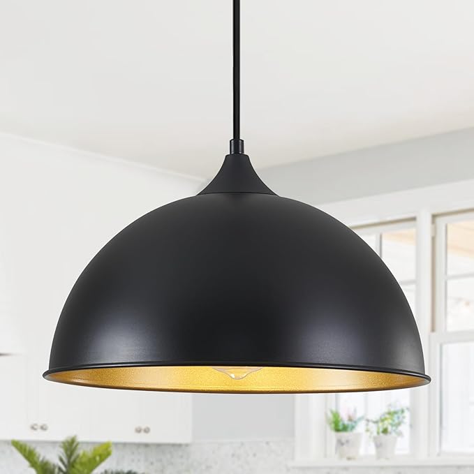 Pendant Lights Kitchen Island, 12" Black and Gold Dome Pendant Light Vintage Industrial Hanging Light Fixtures for Farmhouse Dining Room Restaurant Cafe Entryway