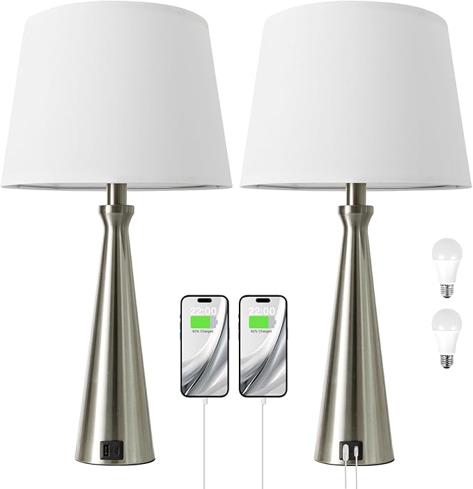 Seealle Modern Table Lamps Set of 2 - Touch Bedside Lamp for Nightstand with USB C+A,3-Way Dimmable Silver Nightstand Lamps for Living Room Bedroom End Table with White Shade(Bulb Included)