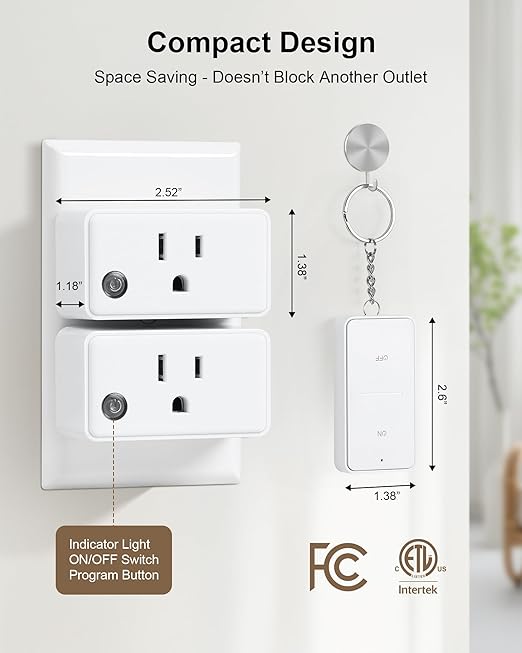 Remote Control Outlet with 2 Remotes, 200 FT Long Range Wireless Light Switch, 15A/1875W High-Power Electrical Outlet Switch for Lamps, Lights, Household Appliances, FCC & ETL Listed