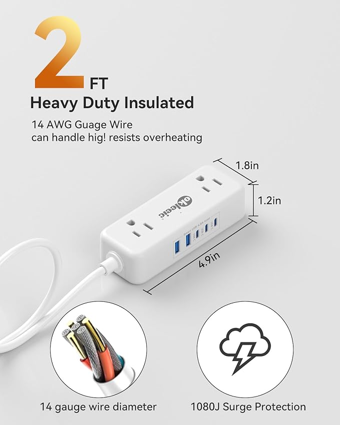 Short Extension Cord 2 Foot - Appliance Surge Protector Small Power Strip, 14 Gauge Heavy Duty Extension Cord with 4 Outlets 5 USB, High Wattage for Microwave, Workbench, Kitchen, Garage Must Have