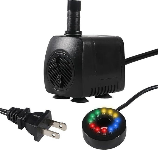 15W 220 GPH Submersible Fountain Water Pump Ultra Quiet Adjustable Pump (800L/H) with 12 Colorful Automatic Color Changing LED Lights for Water Feature Aquarium fish tanks Outdoor Fountain