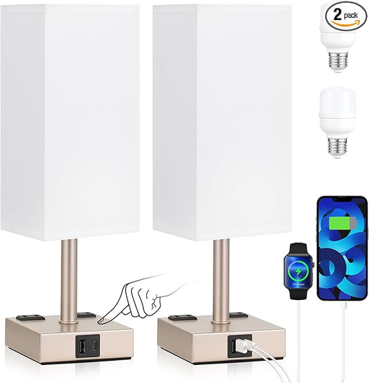 aooshine Light Gold Touch Lamps Set of 2 - Nightstand Lamp with USB-C + A Charge Ports & AC Outlets, 3-Way Dimmable Bedside Lamp, Small Table Lamp Light for Bedroom (Bulb Included)